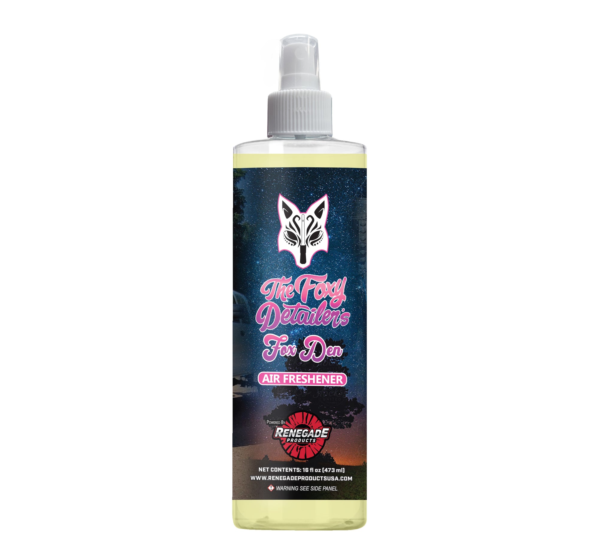 Amber's Fox Den Air Freshener bottle with Noir, cologne, and vanilla scent, ideal for refreshing car interiors.