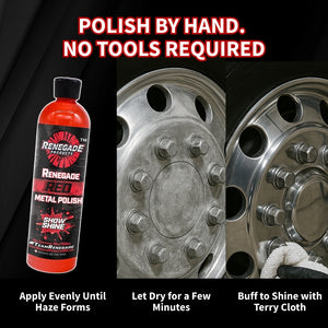 Renegade Products Red Metal Polish, providing a show shine finish for wheels and metal surfaces.