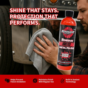Renegade Products Red Metal Polish, providing a show shine finish for wheels and metal surfaces.