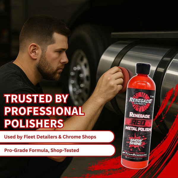 Renegade Products Red Metal Polish, providing a show shine finish for wheels and metal surfaces.