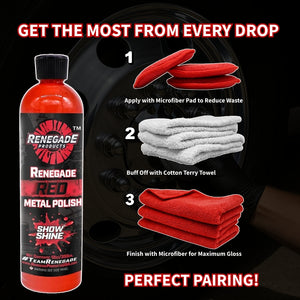 Renegade Products Red Metal Polish with microfiber and cotton towels for a perfect polishing process, providing a show shine finish for wheels and metal surfaces.