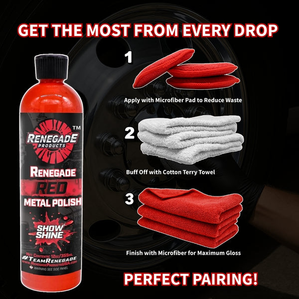Renegade Products Red Metal Polish with microfiber and cotton towels for a perfect polishing process, providing a show shine finish for wheels and metal surfaces.