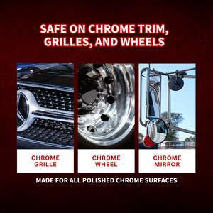 Infographic showing that Renegade Products Pipe Pads are safe on chrome trim, grilles, and wheels with images of a grille, wheel, and mirrors.