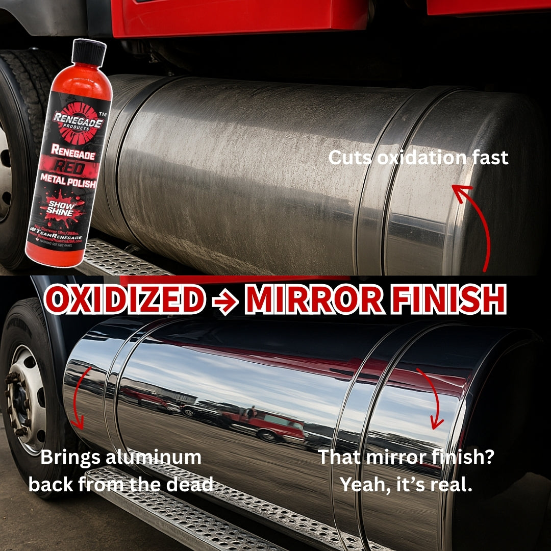 Oxidized aluminum fuel tank restored with the Big Rig Restoration Kit