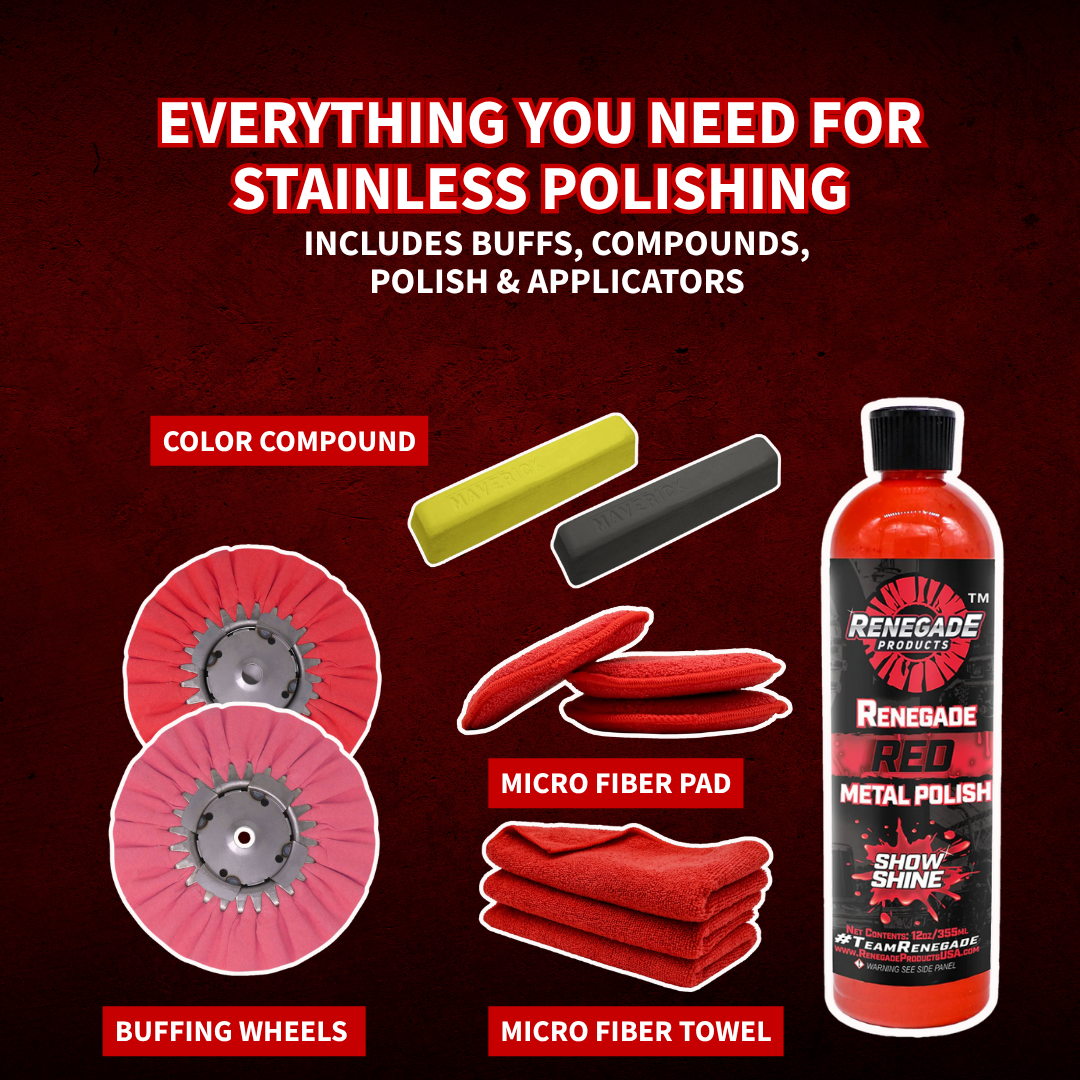 Stainless Polishing Mini Kit wheels, compounds, Red metal polish and accessories
