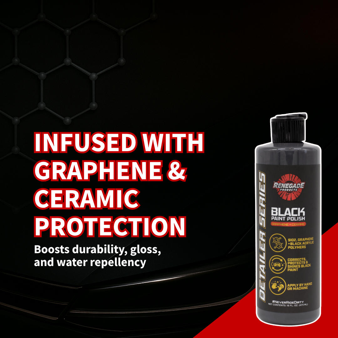 Bottle of Renegade Products Black Paint Polish with text about graphene and ceramic protection on a black and red background. Text also mentions durability, gloss, and water repellency. 