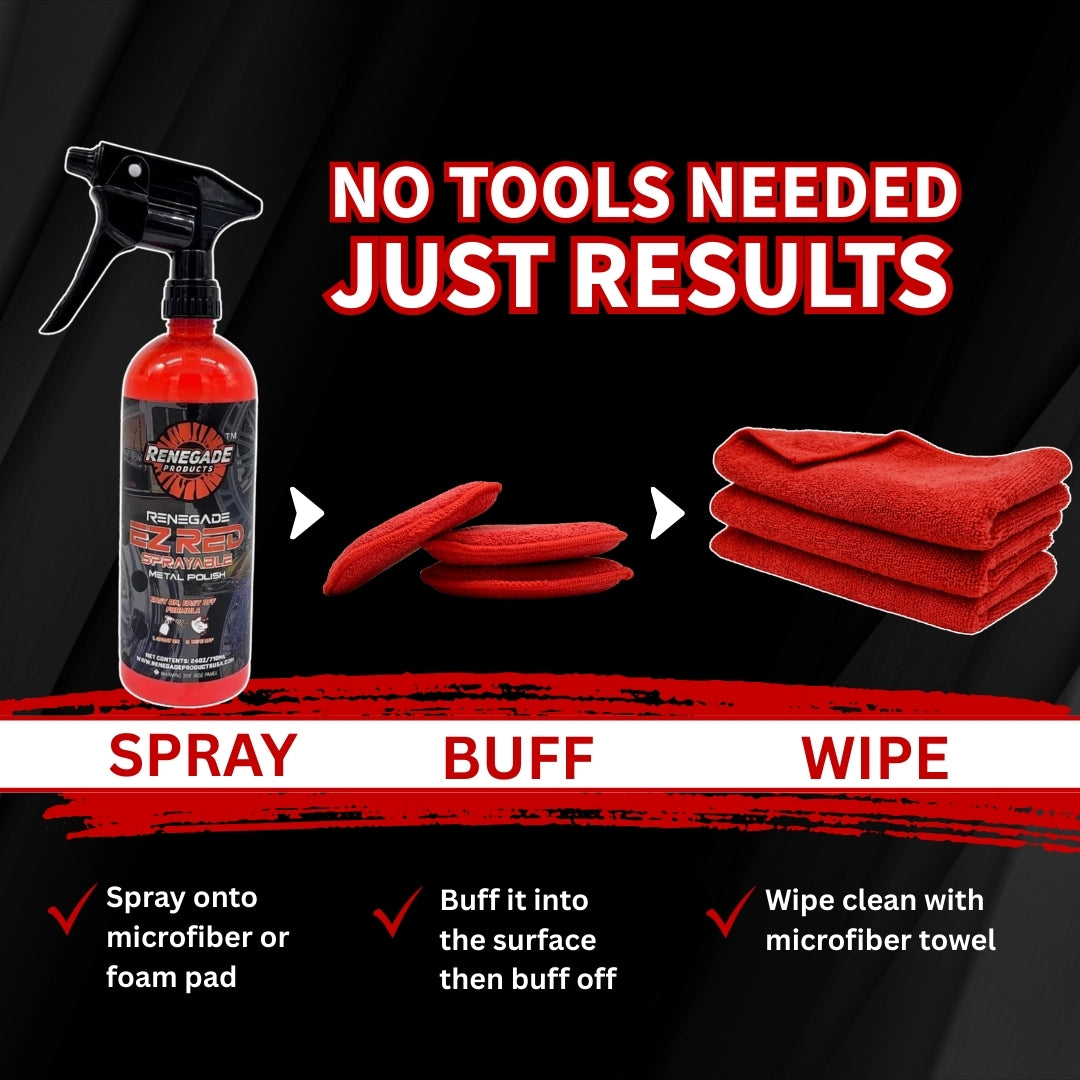 Three-step EZ Red spray, work and wipe metal-polishing process