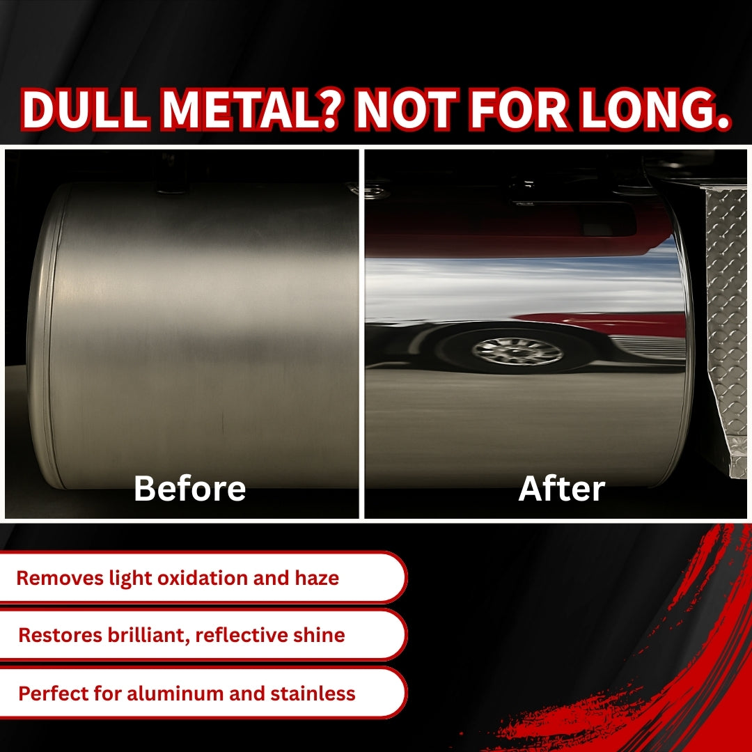 Dull aluminum before and after EZ Red Sprayable Metal Polish