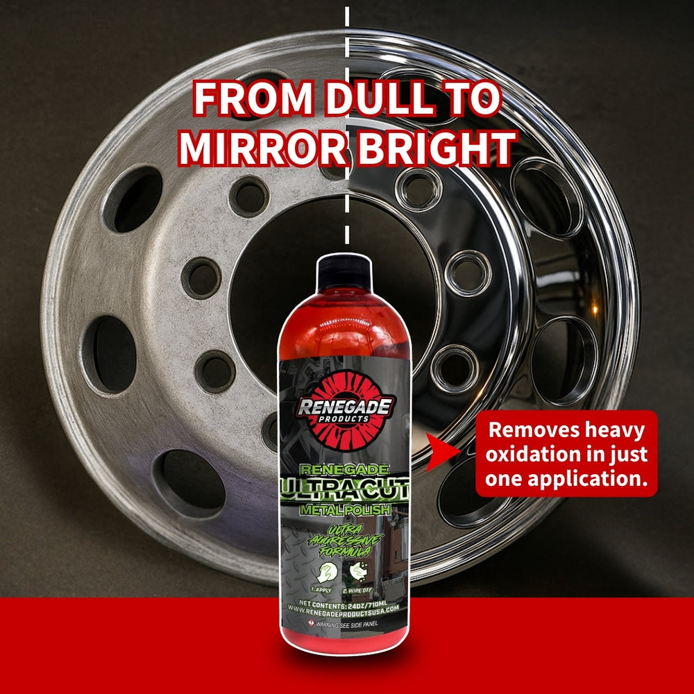 Renegade Ultra Cut Metal Polish bottle for advanced cleaning and polishing of aluminum and stainless steel surfaces.