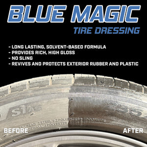 Renegade Products Blue Magic Tire Dressing for long-lasting gloss and protection on exterior rubber and plastic, with before and after results.