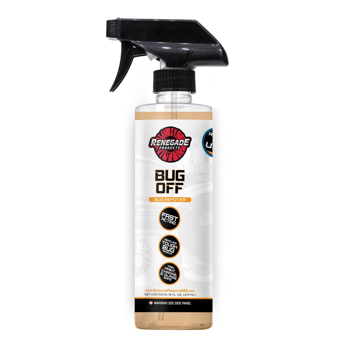 Alt text: Bottle of Renegade Detailer Series Bug Off Bug Remover for removing bug residues from vehicle surfaces, not suitable for polished metals.