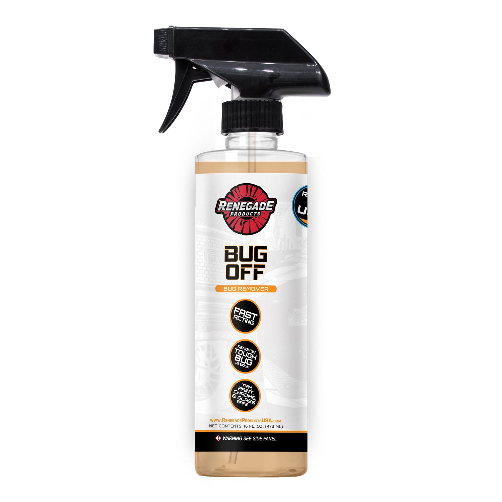 Bottle of Renegade Detailer Series Bug Off Bug Remover for removing bug residues from vehicle surfaces, not suitable for polished metals.