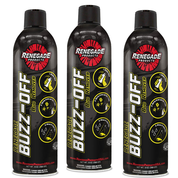 Renegade Buzz-Off Bug Remover bottle designed to safely eliminate insects from vehicle surfaces without damaging paint.
