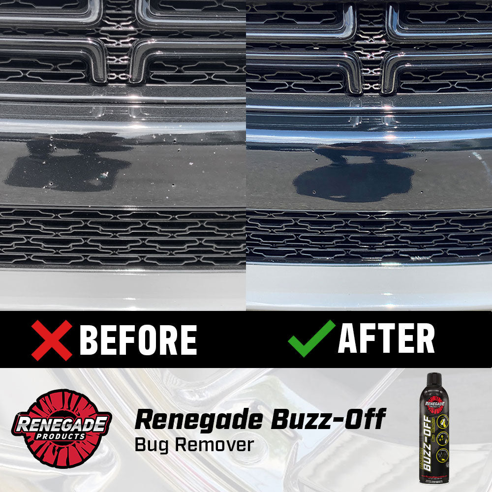 Renegade Buzz-Off Bug Remover bottle with features described, safe for all vehicle surfaces.