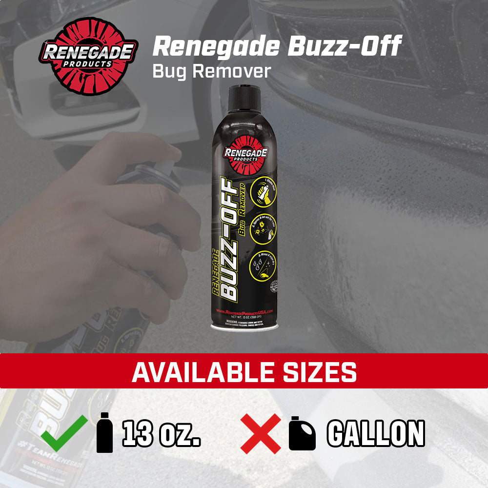 Renegade Buzz-Off Bug Remover bottle designed to safely clean vehicle surfaces without damaging paint.