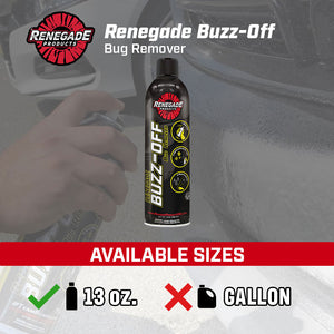 Renegade Buzz-Off Bug Remover bottle with label detailing effective ingredients and usage instructions for vehicle care.