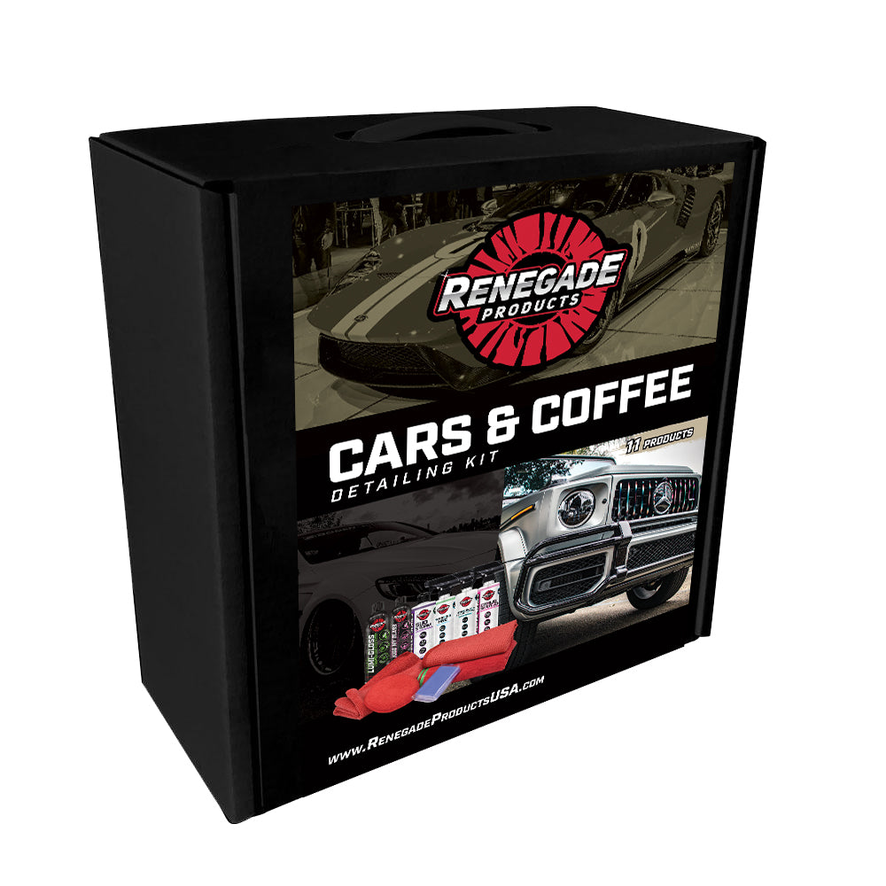 Alt text: Assortment of Cars & Coffee Detailing Kit products including cleaners, waxes, and microfiber towels for vehicle care.