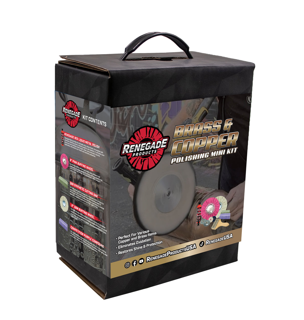 Alt text: Renegade Brass &amp; Copper Polishing Mini Kit including buffing wheels, polishing compounds, and accessories for restoring metal shine.