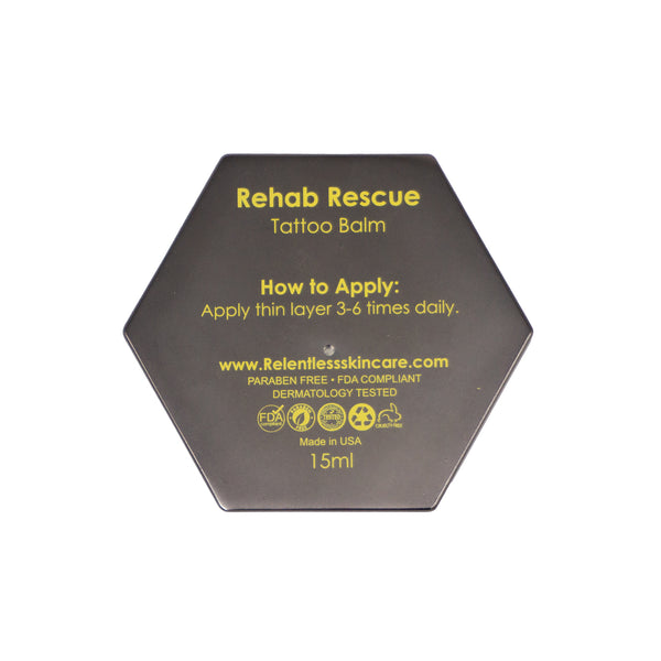 15 ml Rehab Tattoo Balm Hex with argan oil, aloe vera, and coconut oil in a compact hex-shaped container.