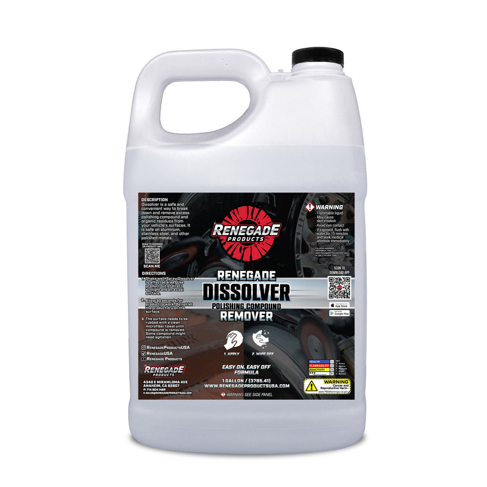 Bottle of Renegade Dissolver Polishing Compound Remover, effective on multiple metal surfaces.