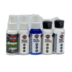 Assorted Renegade Products Sample Packs including cleaners, polishes, and conditioners in various sized containers.