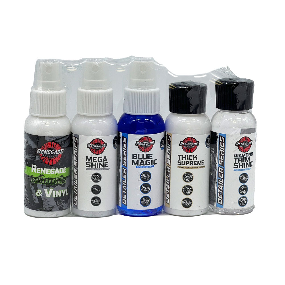 Alt text: Assorted Renegade Products Sample Packs including cleaners, polishes, and conditioners in various sized containers.
