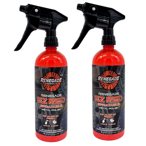 Red bottle of Renegade EZ Red Sprayable Metal Polish with spray nozzle for easy application on metal surfaces.