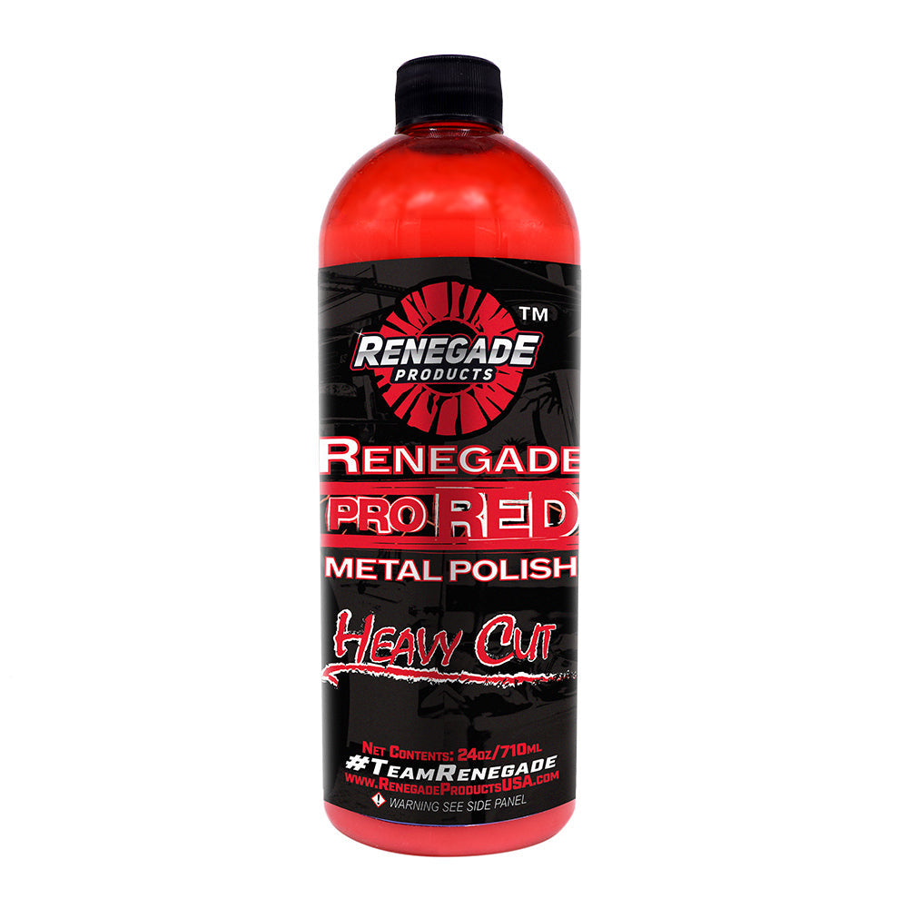 Alt text: Renegade Pro Red Heavy Cut Metal Polish bottle, designed for deep cleaning and restoring shine to aluminum and stainless steel surfaces.