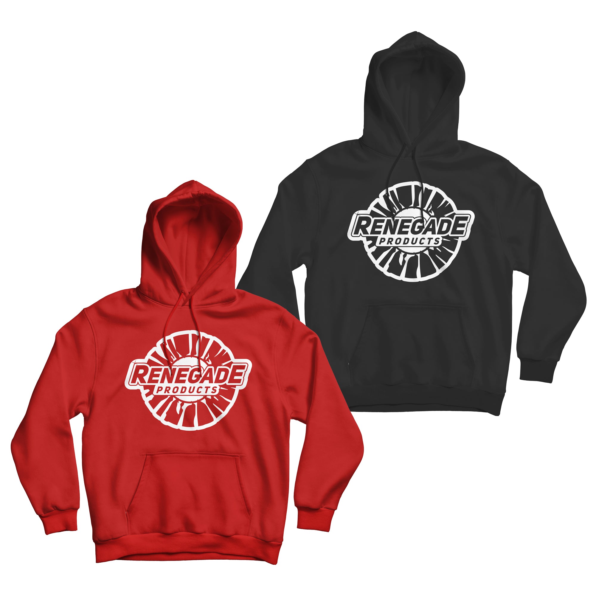 Unisex Renegade Products hoodie with Buffing Wheel logo on the front, plain back, shown in neutral setting.