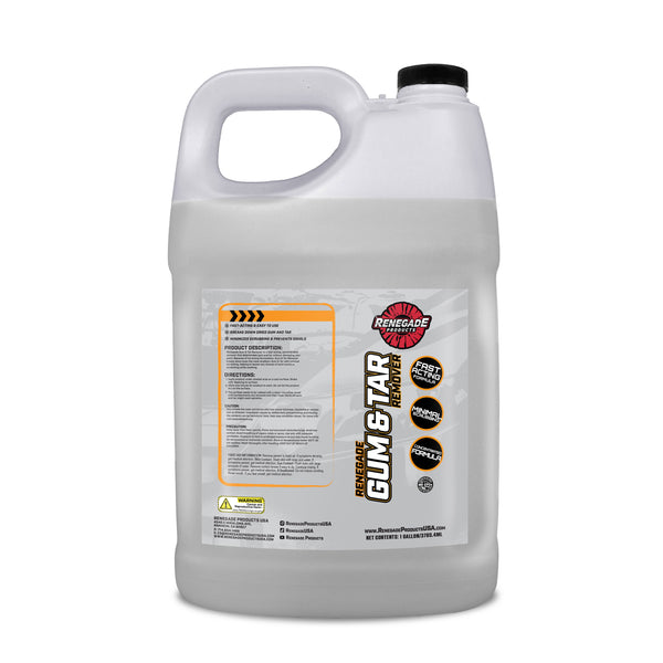 Image of Renegade Gum and Tar Remover bottle, designed to effectively dissolve sticky contaminants on vehicle surfaces.