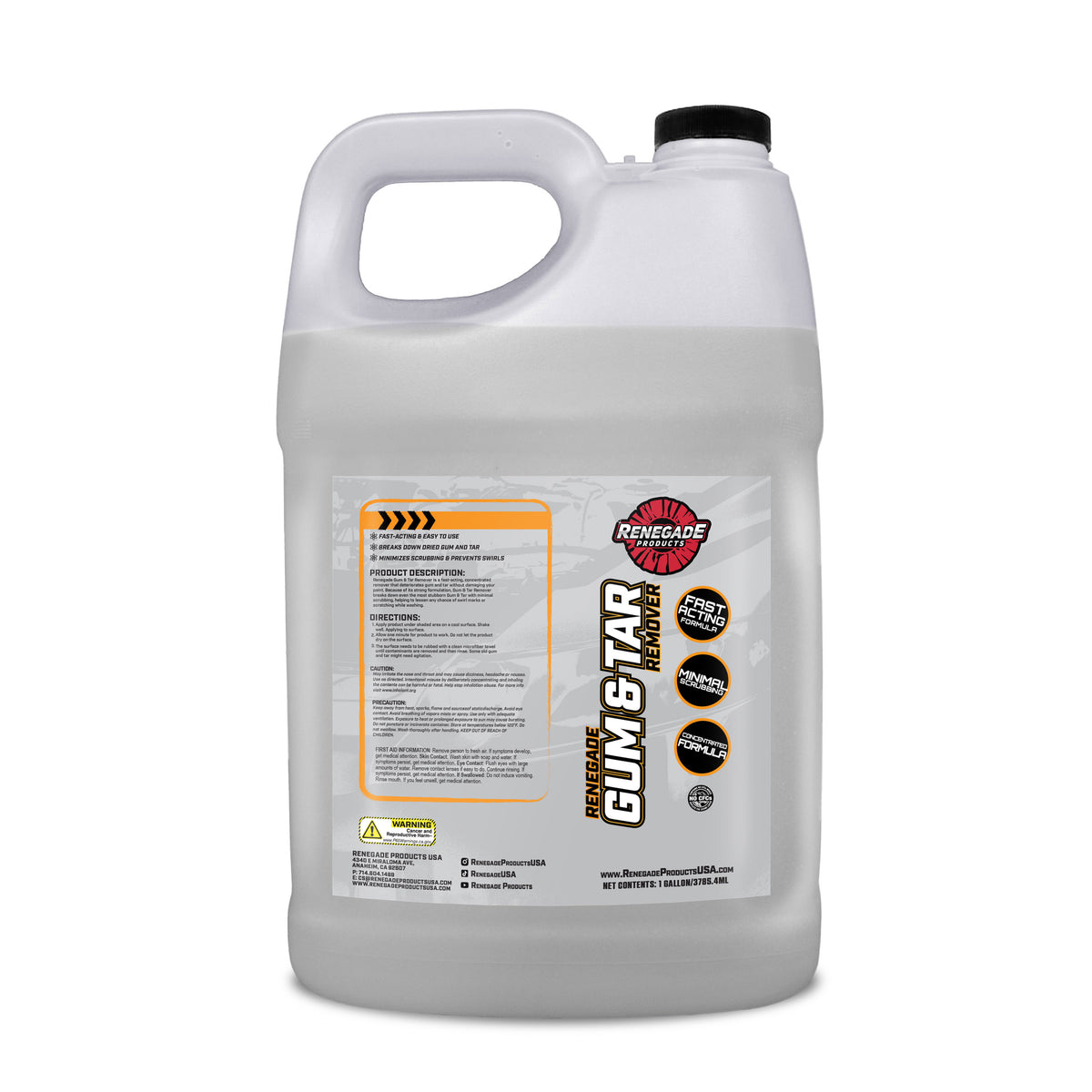 Image of Renegade Gum and Tar Remover bottle, designed to effectively dissolve sticky contaminants on vehicle surfaces.