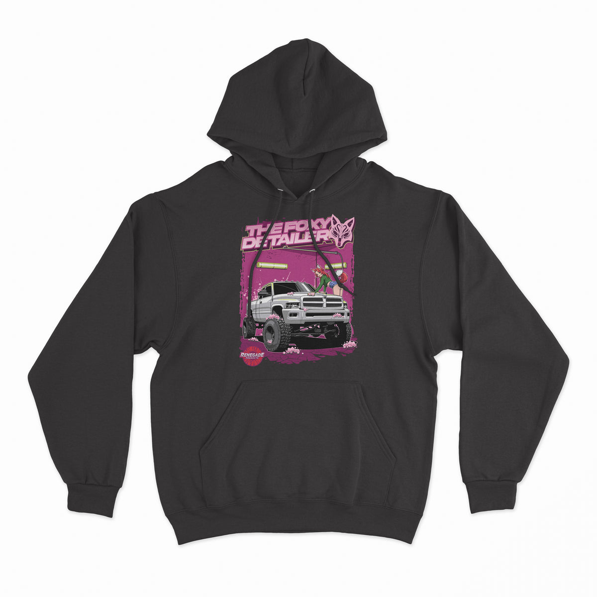 Unisex &#39;The Foxy Detailer&#39; hoodie in ringspun cotton, sizes S to 3XL, shown in detail with size chart visible.