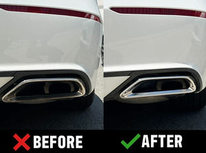 before and after comparison photo of Pipe Pads: Renegade Pipe Dream-Infused Polishing Pads - Renegade Products USA used on exhaust pipes