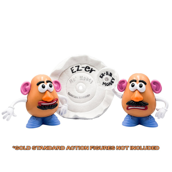 EZ-er and Mo' Money Specialty Stitched Buffing Wheels shown with toy figures for scale
