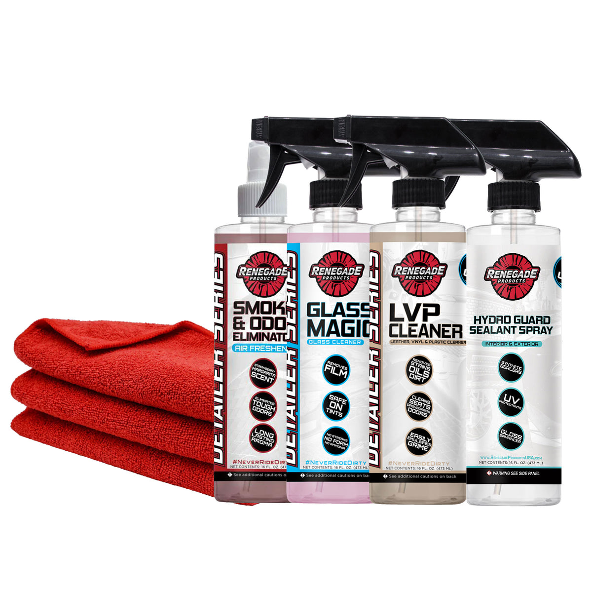 Renegade products Interior Clean & Protect Kit with lvp cleaner, hydro guard protectant spray, smoke and odor eliminator air freshener, glass magic glass cleaner, and microfiber towels for vehicle care.