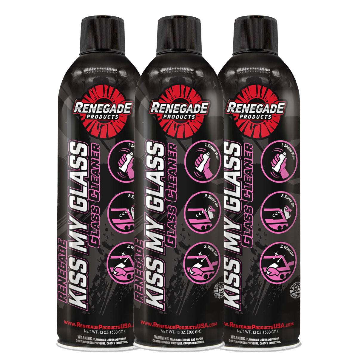 Can of Renegade Kiss My Glass Aerosol Glass Cleaner on a reflective surface showing its clarity and streak-free finish.
