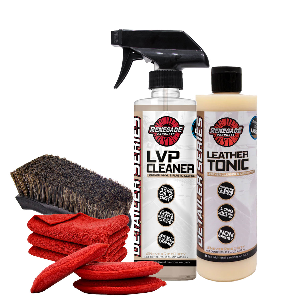 Alt text: Renegade Leather Clean and Condition Kit with LVP Cleaner, Leather Tonic, horse hair brush, and microfiber towels and pads.