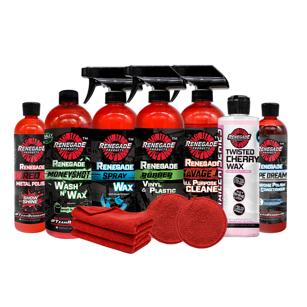 Complete Renegade Liquid Detailing Kit with various cleaners, waxes, and microfiber towels for vehicle care.