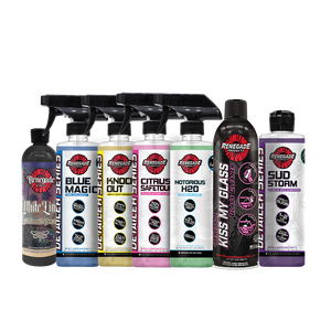 Complete Clean & Cruise Lowrider Detailing Kit with various cleaners, waxes, and microfiber towels for comprehensive car care.