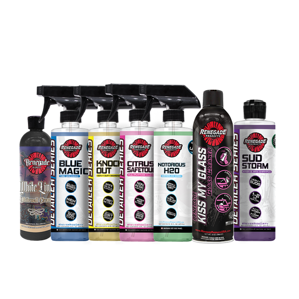 Complete Clean & Cruise Lowrider Detailing Kit with various cleaners, waxes, and microfiber towels for comprehensive car care.