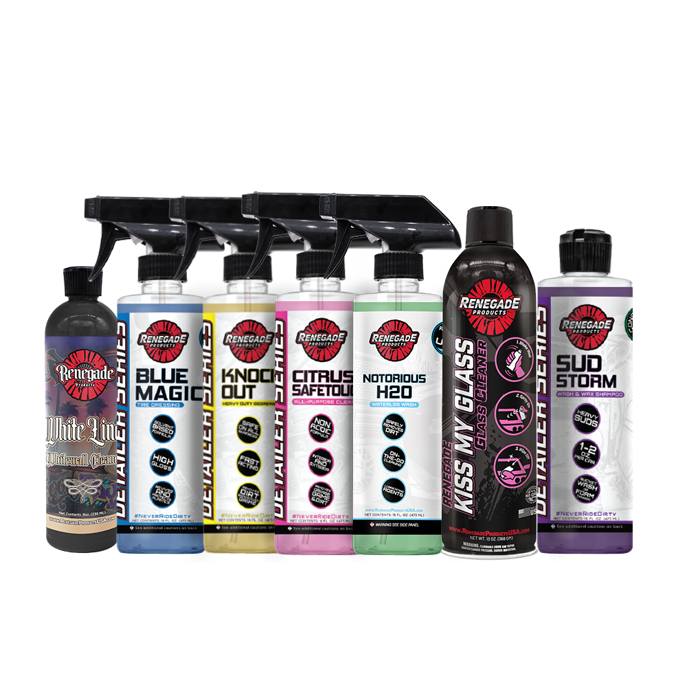 Alt text: Complete Clean &amp; Cruise Lowrider Detailing Kit with various cleaners, waxes, and microfiber towels for comprehensive car care.