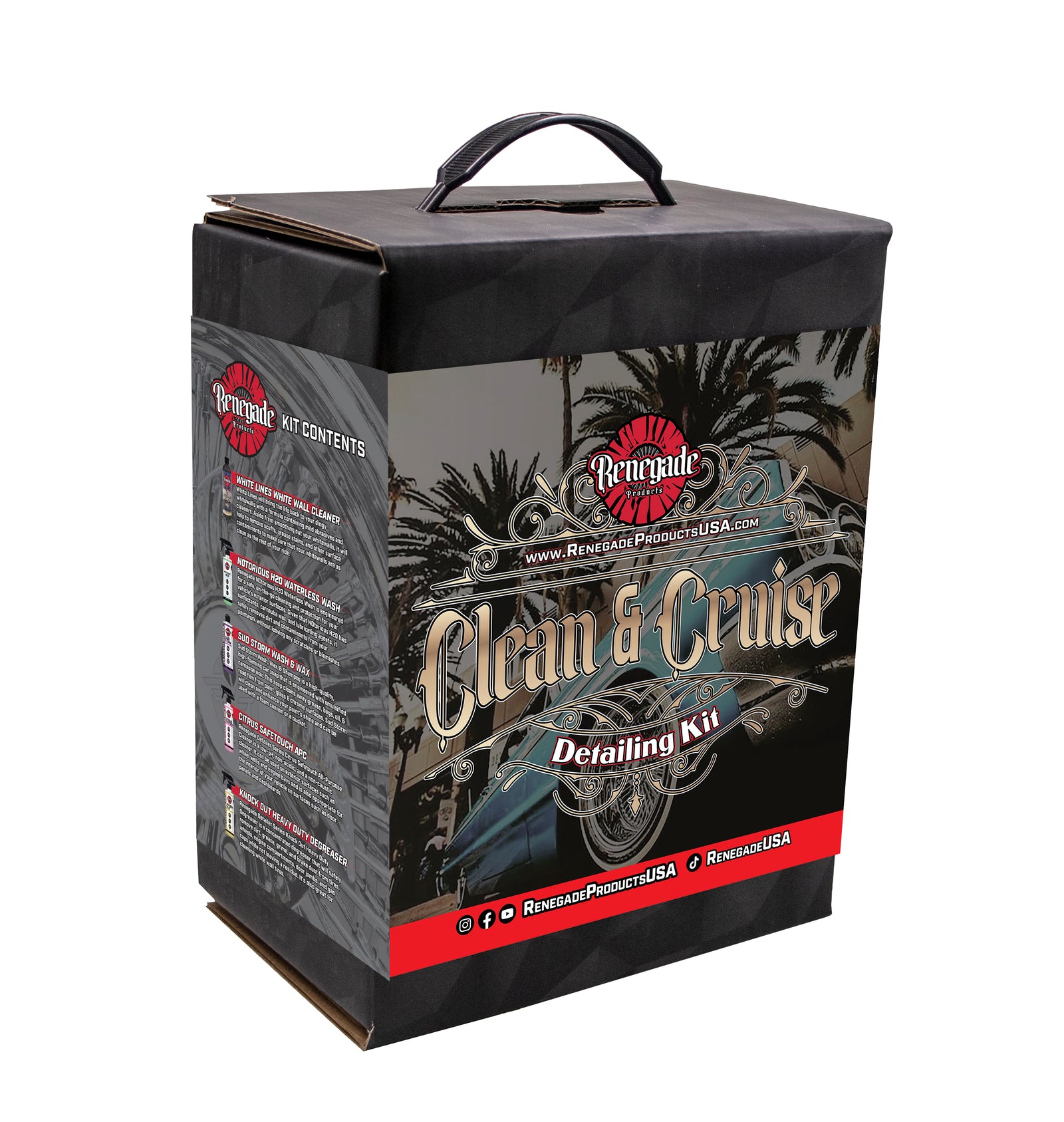 Complete Clean & Cruise Lowrider Detailing Kit with various cleaners, waxes, and microfiber towels for car care.