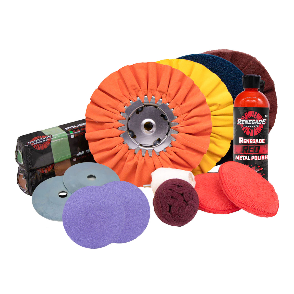 Comprehensive Metal Polishing &amp; Big Rig Restoration Kit with various buffers, compounds, and accessories for heavy-duty vehicles.