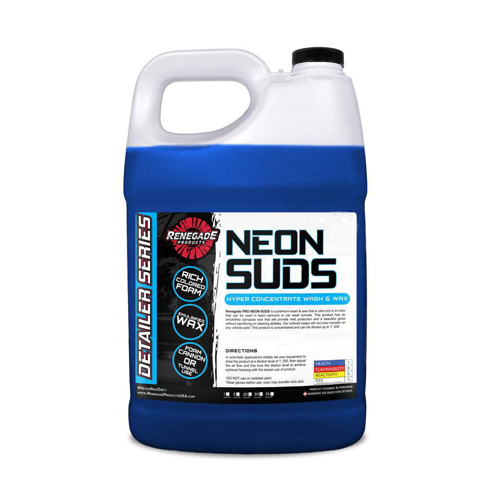 Colorful foam cannon soap from Neon Suds Colored Wash &amp; Wax in vibrant red, blue, green, and yellow.