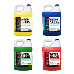 Colorful foam explosion from Neon Suds Colored Wash & Wax in red, blue, green, and yellow for vibrant car cleaning.