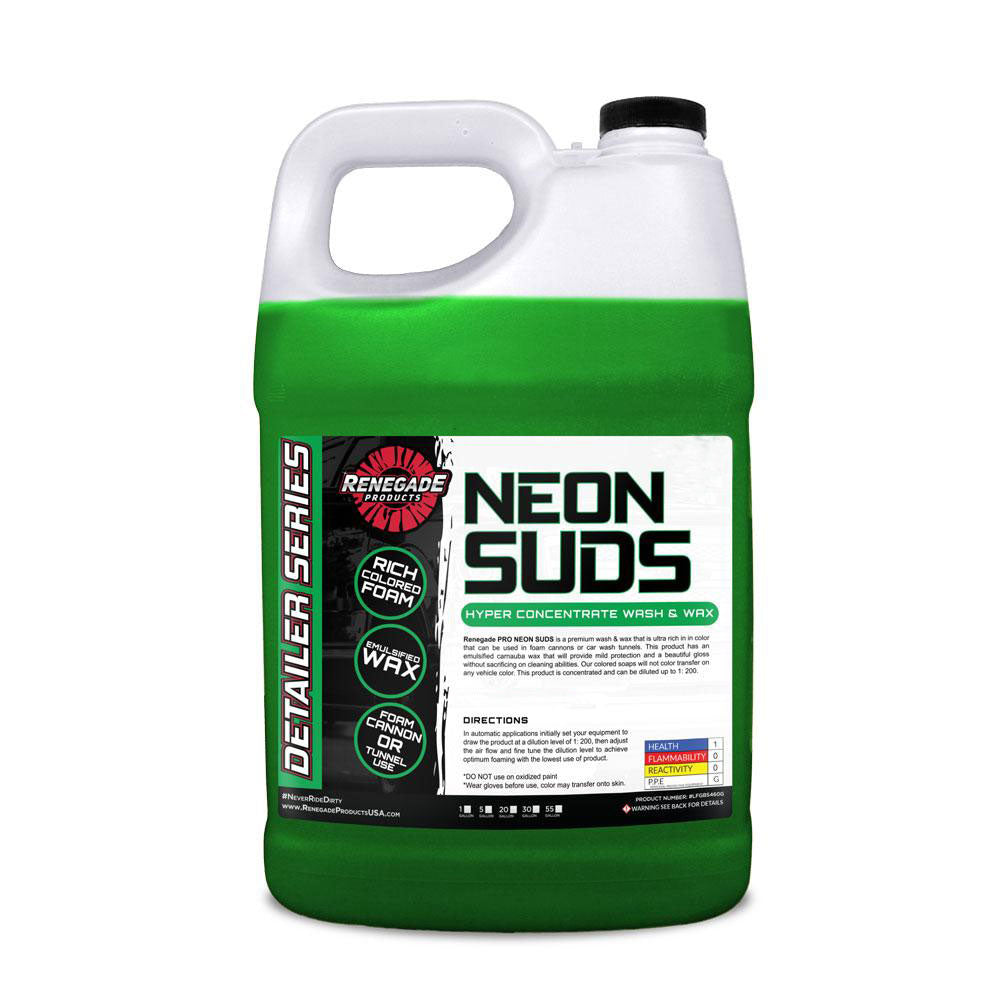 Bottle of Neon Suds Colored Wash &amp; Wax in red, blue, green, and yellow, designed for high foam and gloss.