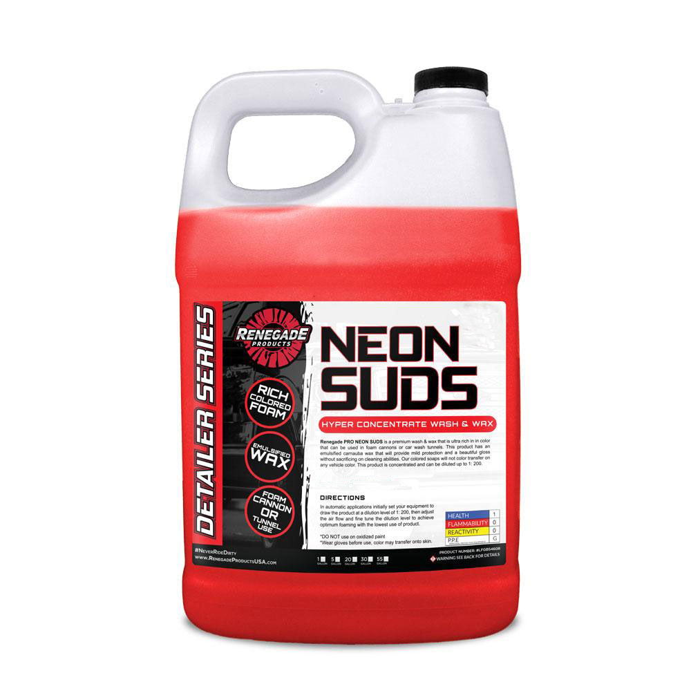 Alt text: Vibrant Neon Suds Colored Wash &amp; Wax in red, blue, green, and yellow, perfect for foam cannons and enhancing car shine.