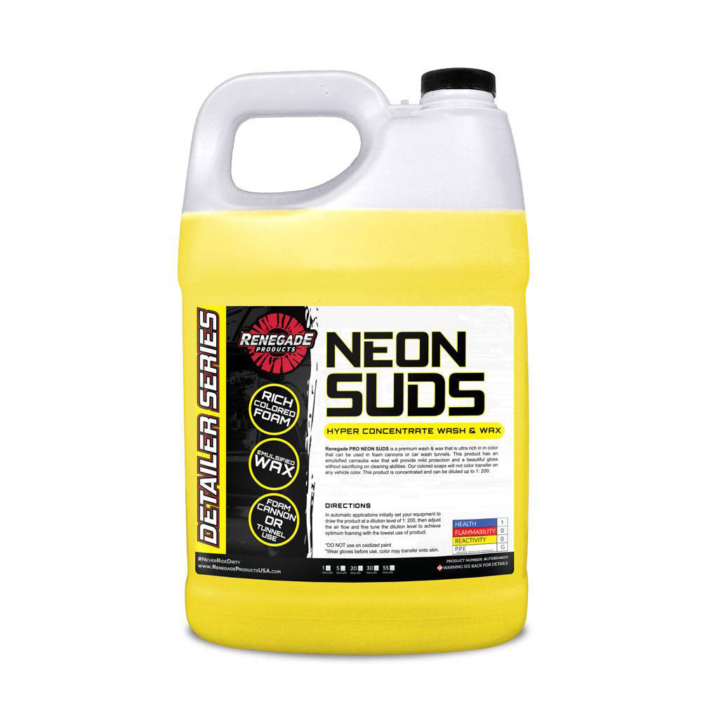 Image of Neon Suds Colored Wash &amp; Wax bottles in red, blue, green, and yellow, ready for foam cannon use.