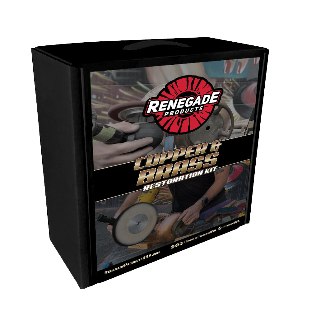Renegade Copper and Brass Restoration Kit with various buffing wheels, polishing compounds, and microfiber towels for metal care.