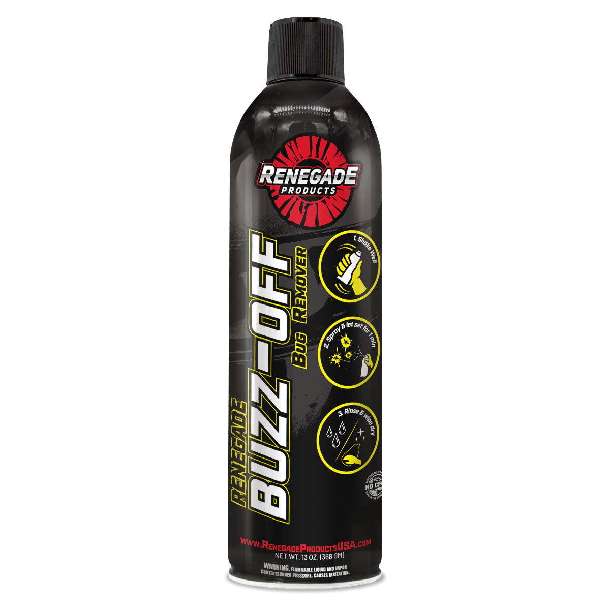 Renegade Buzz-Off Bug Remover bottle designed to safely clean vehicle surfaces without damaging paint.